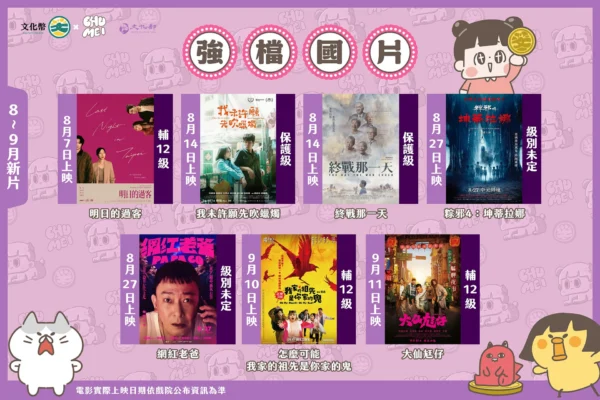 文化幣與啾啾妹合作的8至9月強檔國片上映宣傳海報，羅列多部國片電影片名與上映日期。