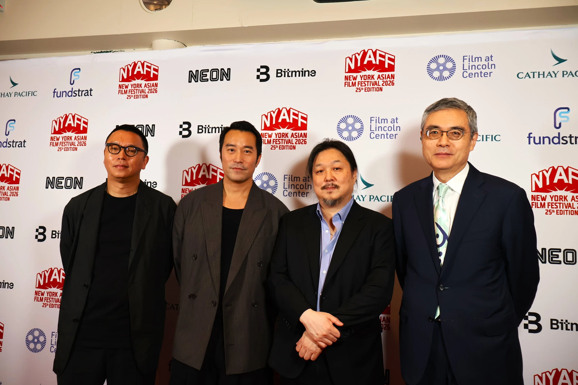 《深度安靜》北美首映合影,左起為導演沈可尚、演員張孝全、紐約亞洲影展總監Samuel Jamier、紐文中心主任桂業勤