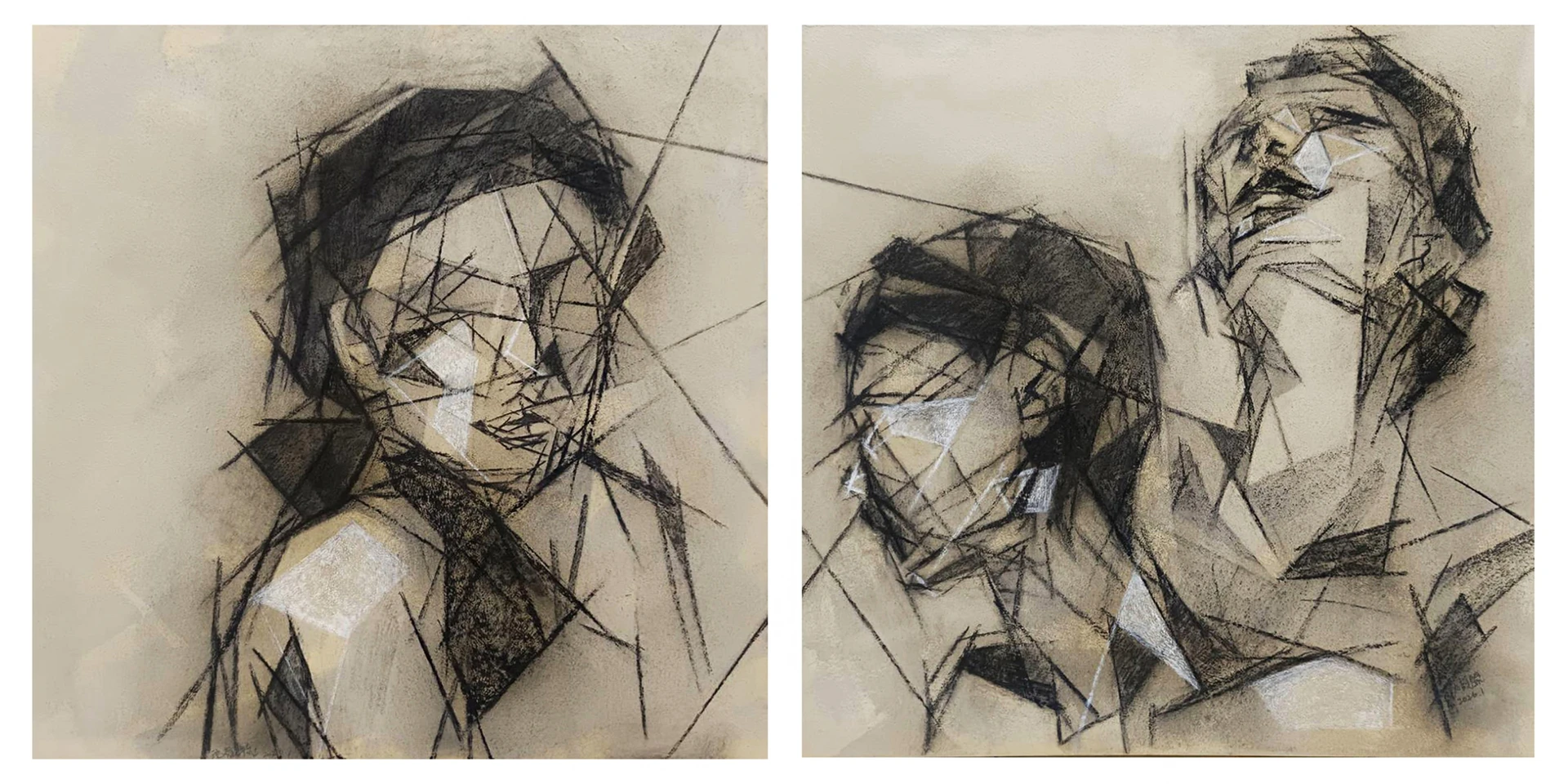 畫面為沈觀毓的素描作品，以黑色線條與幾何塊面交錯表現兩張側臉與仰望姿態的人形肖像。