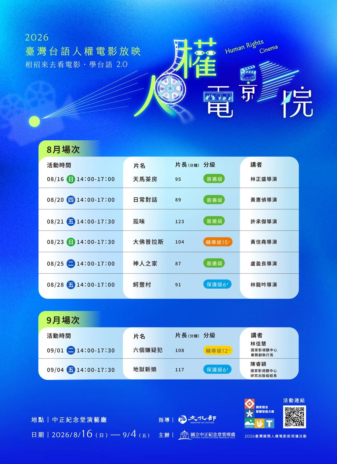 藍色背景的2026臺灣台語人權電影放映活動場次表海報,詳細列出8場電影的放映時間、片名、片長、分級與講者。