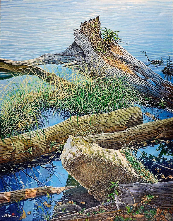 一幅油畫作品,畫中包含水面、枯木、水草與岸邊的石頭,展現自然生態的細膩質感。