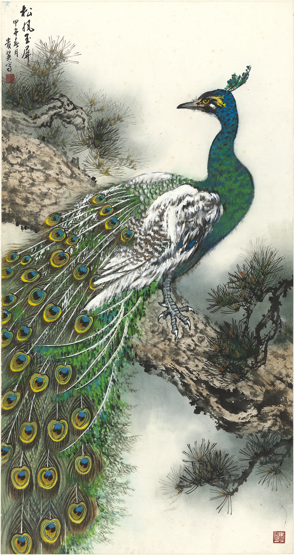 工筆彩墨畫作描繪一隻藍綠色羽毛的孔雀站在松樹枝幹上，尾羽長而華麗垂下。